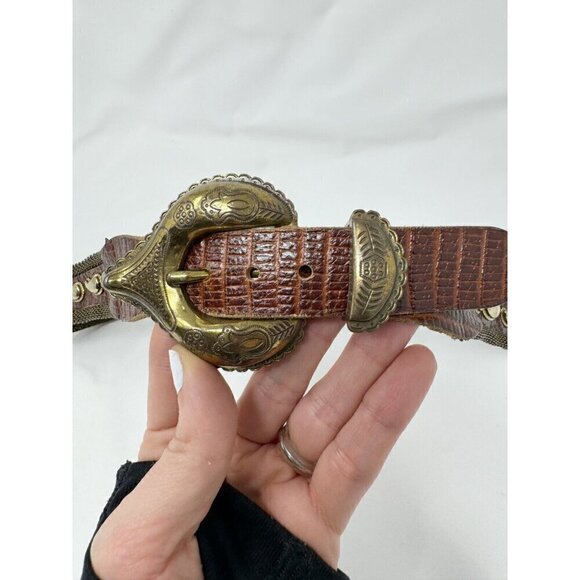 Neiman Marcus Metal Chain Gold Tone Mesh Brown Leather Belt Paisley Studded Sz 6 - Picture 5 of 12